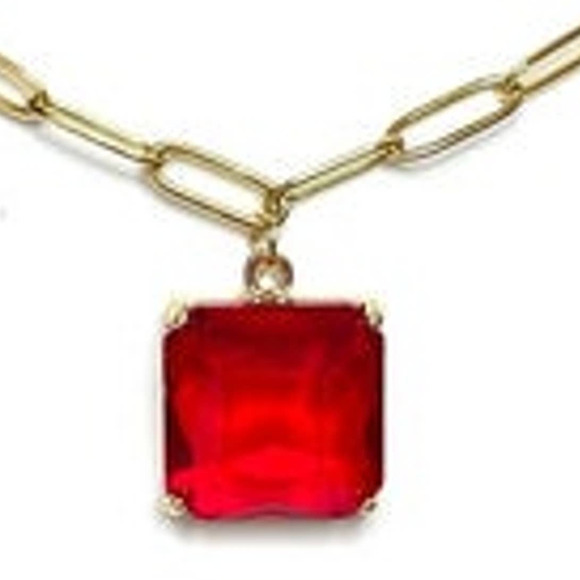 NEW Necklace Ruby Red Glass Drop Pendant Paperclip Chain Jewelry Trendy J06 - Picture 1 of 4